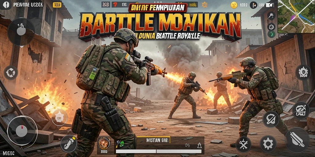 Screenshot gameplay DKK menampilkan aksi pertempuran Battle Royale yang seru.