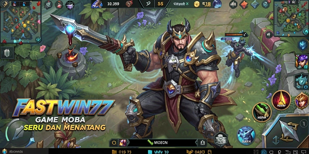 Screenshot utama <strong>FASTWIN77</strong> menampilkan pertarungan karakter di arena MOBA.