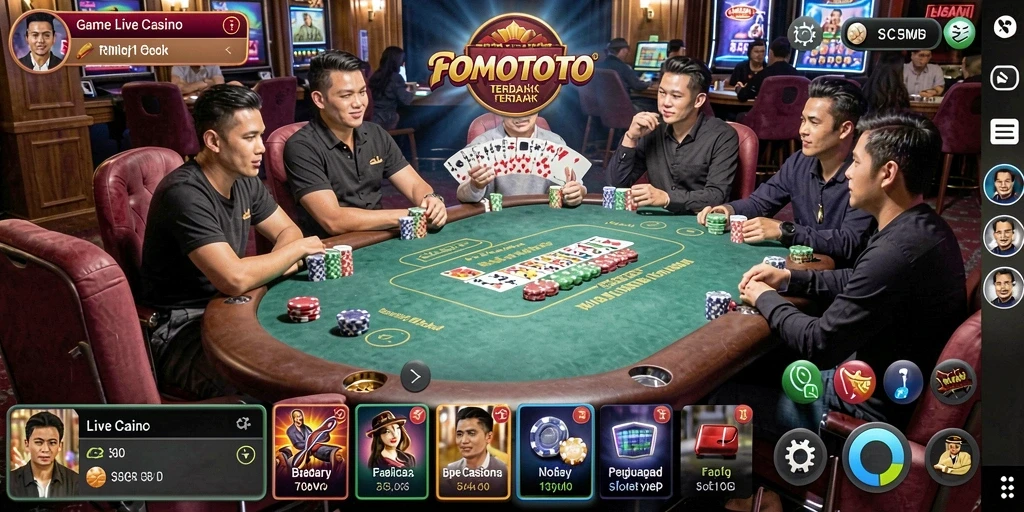 Screenshot FOMOTOTO menampilkan suasana live casino yang mendebarkan.