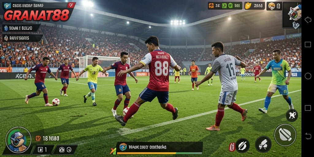 Tampilan seru dari gameplay sepak bola yang mendebarkan.