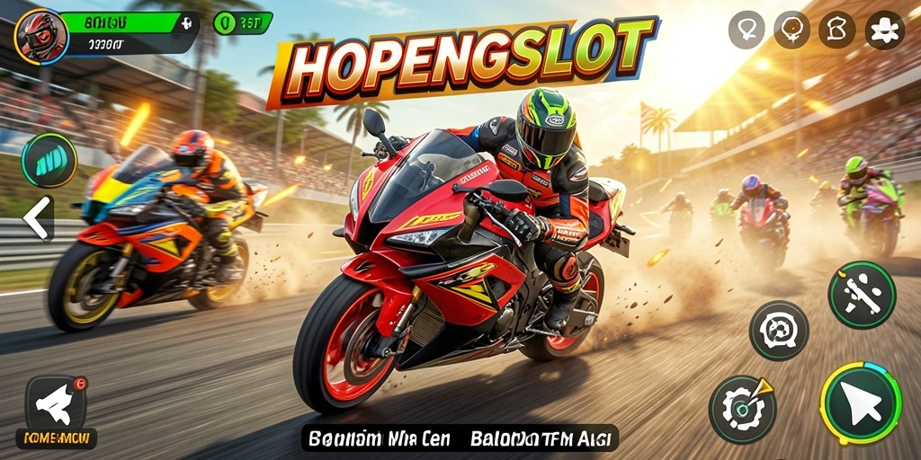 Screenshot HOPENGSLOT menunjukkan aksi balapan motor yang mendebarkan.