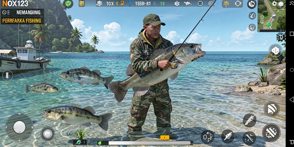 Tampilan gameplay realistik dari NOX123 dengan aktivitas memancing seru.
