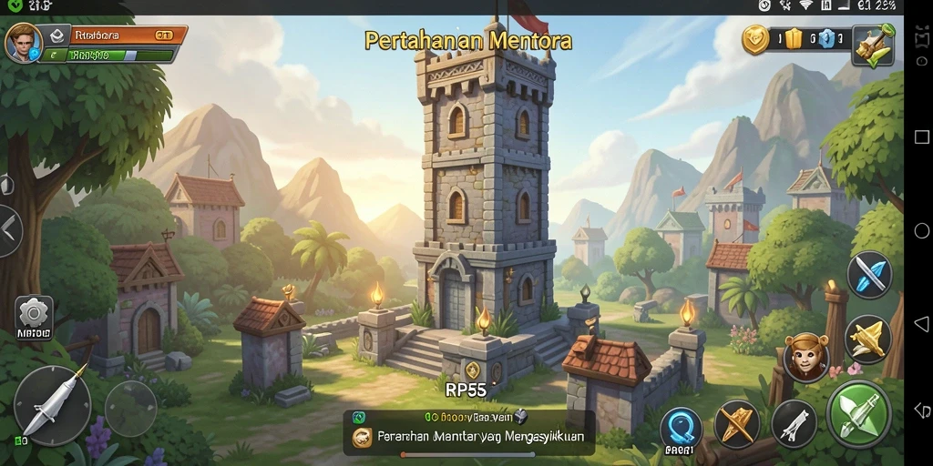 Screenshot menunjukkan pertahanan menara yang strategis melawan gelombang musuh.