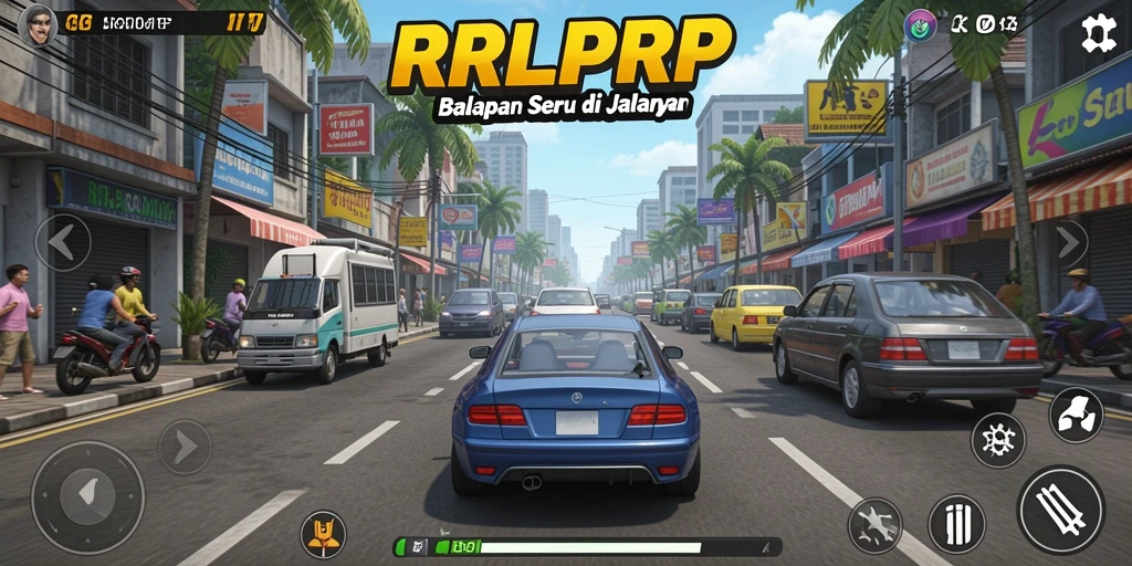 Screenshot gameplay RPRPRP menampilkan aksi balapan yang mendebarkan.