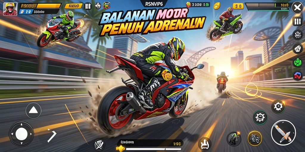 Screenshot gameplay RSNVIP6 menampilkan balapan motor yang seru dan menegangkan.