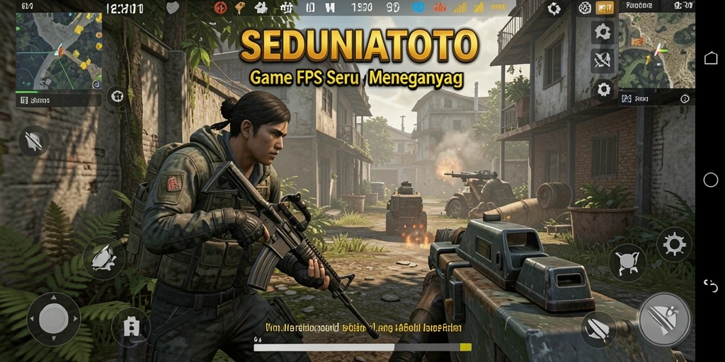 Screenshot utama SEDUNIATOTO menampilkan aksi tembak menembak yang seru dan dinamis.