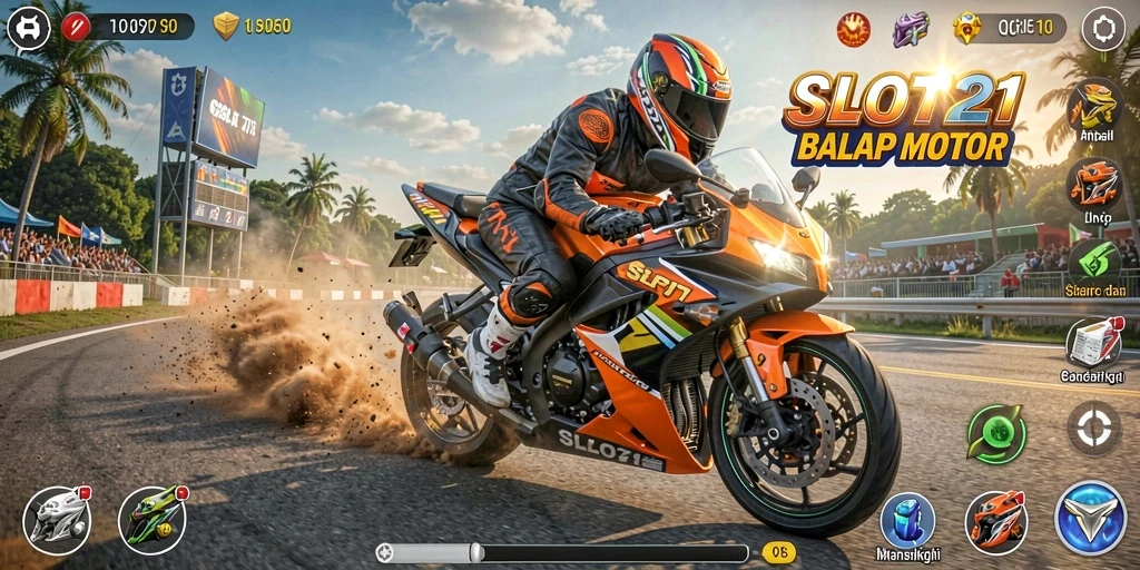 Gameplay mendebarkan di SLOT21 dengan motor balap di trek.