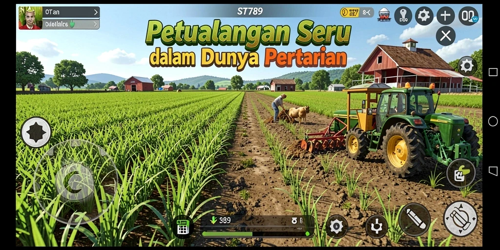 Screenshot gameplay ST789 menampilkan ladang yang subur dan aktivitas bertani.