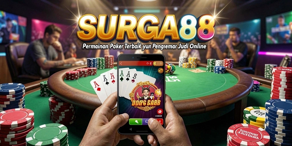Screenshot gameplay SURGA88 yang menampilkan meja Poker yang penuh aksi.