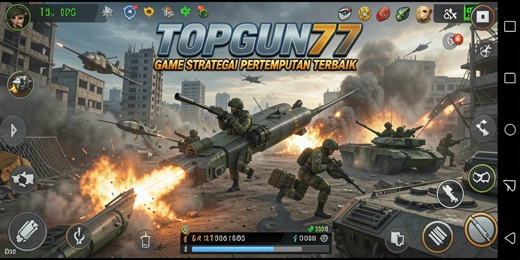 Screenshot utama dari gameplay <strong>TOPGUN77</strong> menampilkan pertempuran strategis yang menarik.