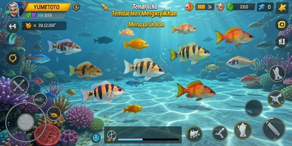 Tampilan permainan YUMETOTO dengan berbagai ikan berwarna-warni dan grafis yang menarik.